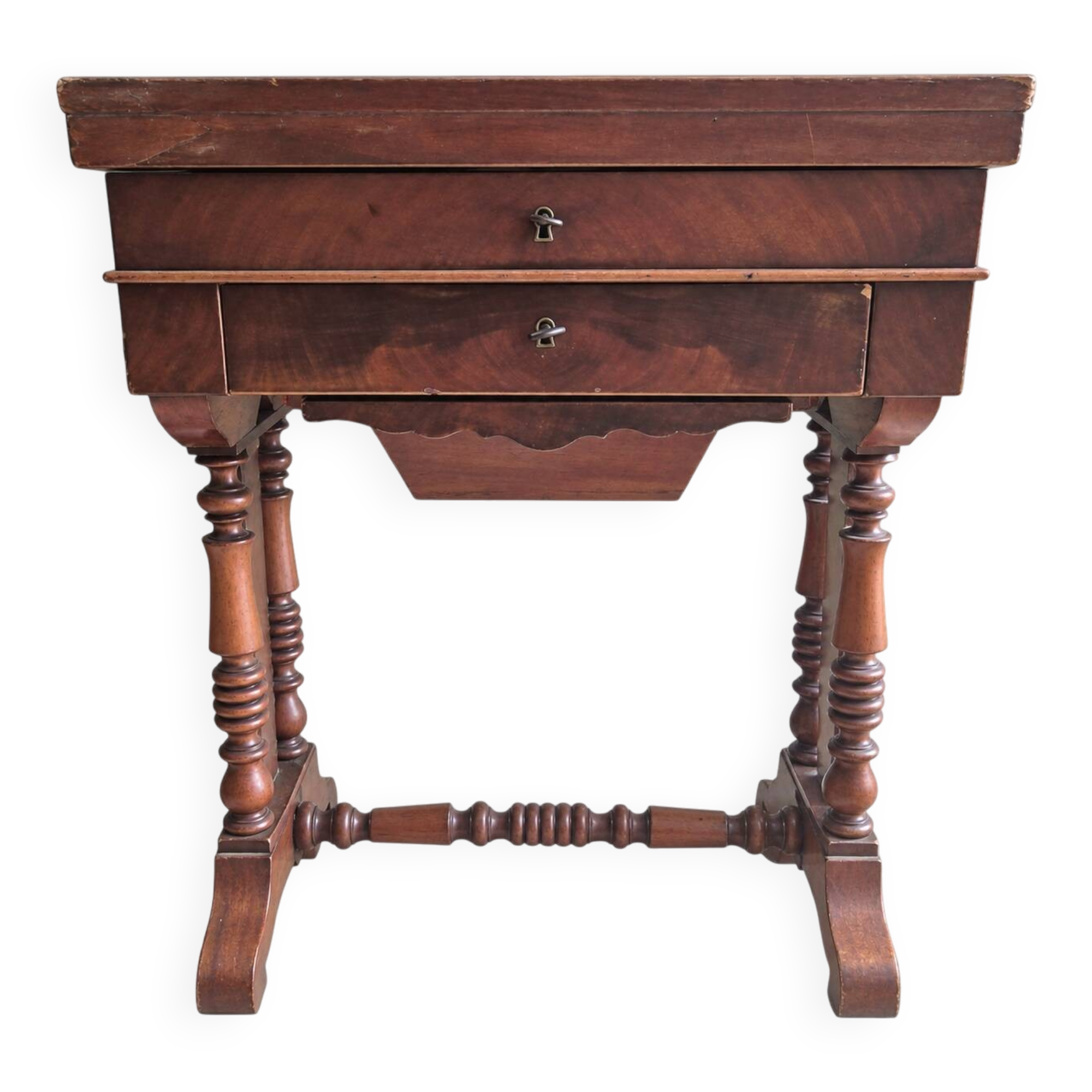 Antique wooden sewing cabinet with mirror and storage.