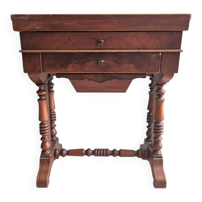 Meuble de couture ancien en bois avec miroir et rangements