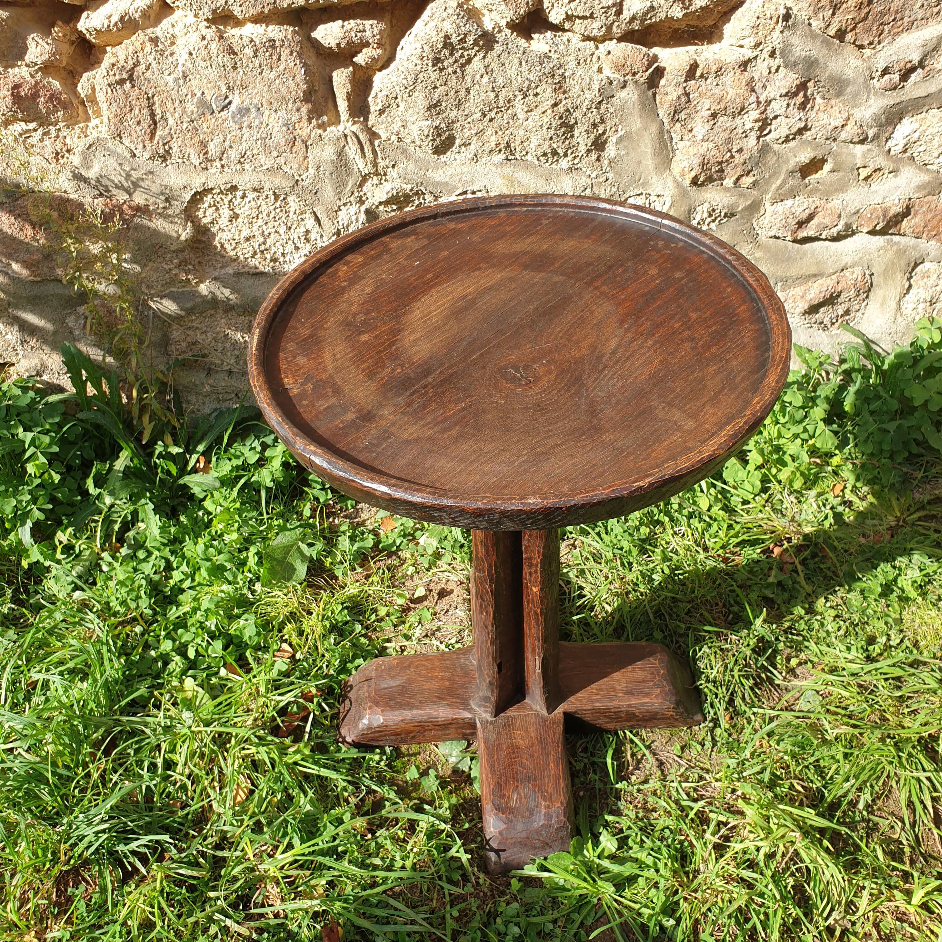 Side table, round wooden pedestal table brutalist style