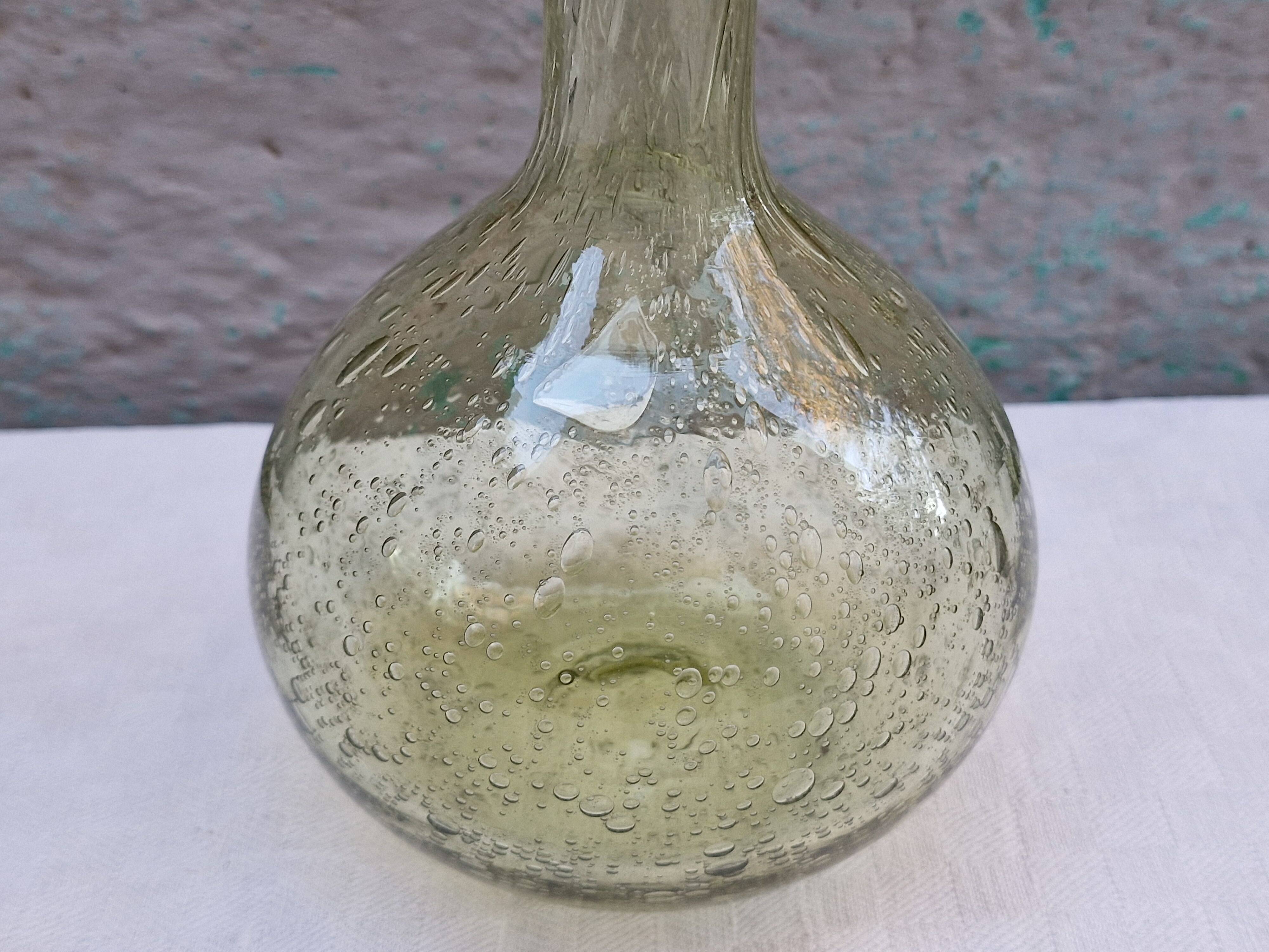 Vintage carafe signed Biot, blown glass, bubbled.