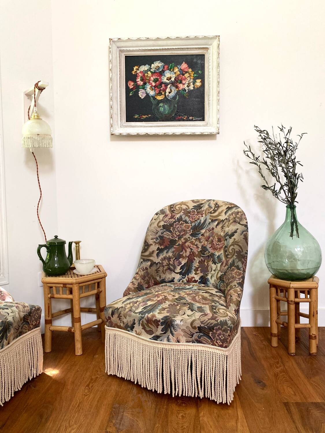 Pair of antique tapestry toad armchairs