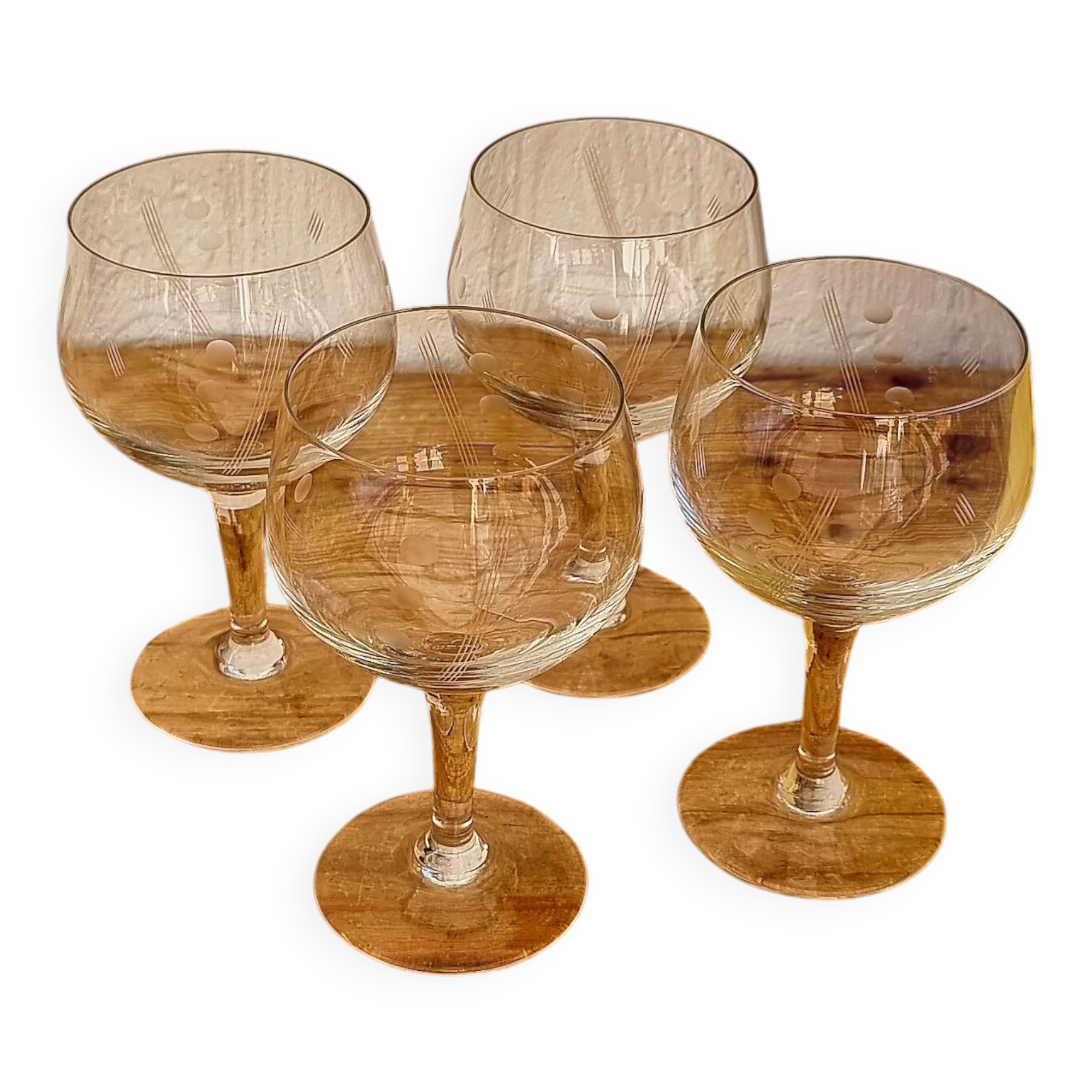 Set of 4 vintage engraved stemmed glasses