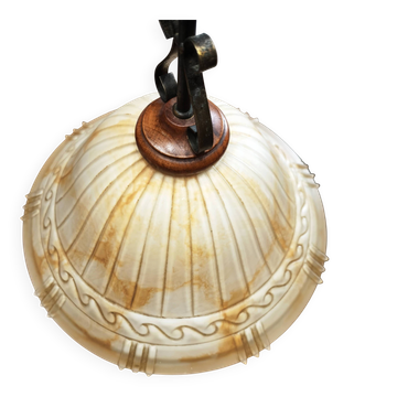 Suspension vintage en verre marbré miel et métal patiné – Années 1990