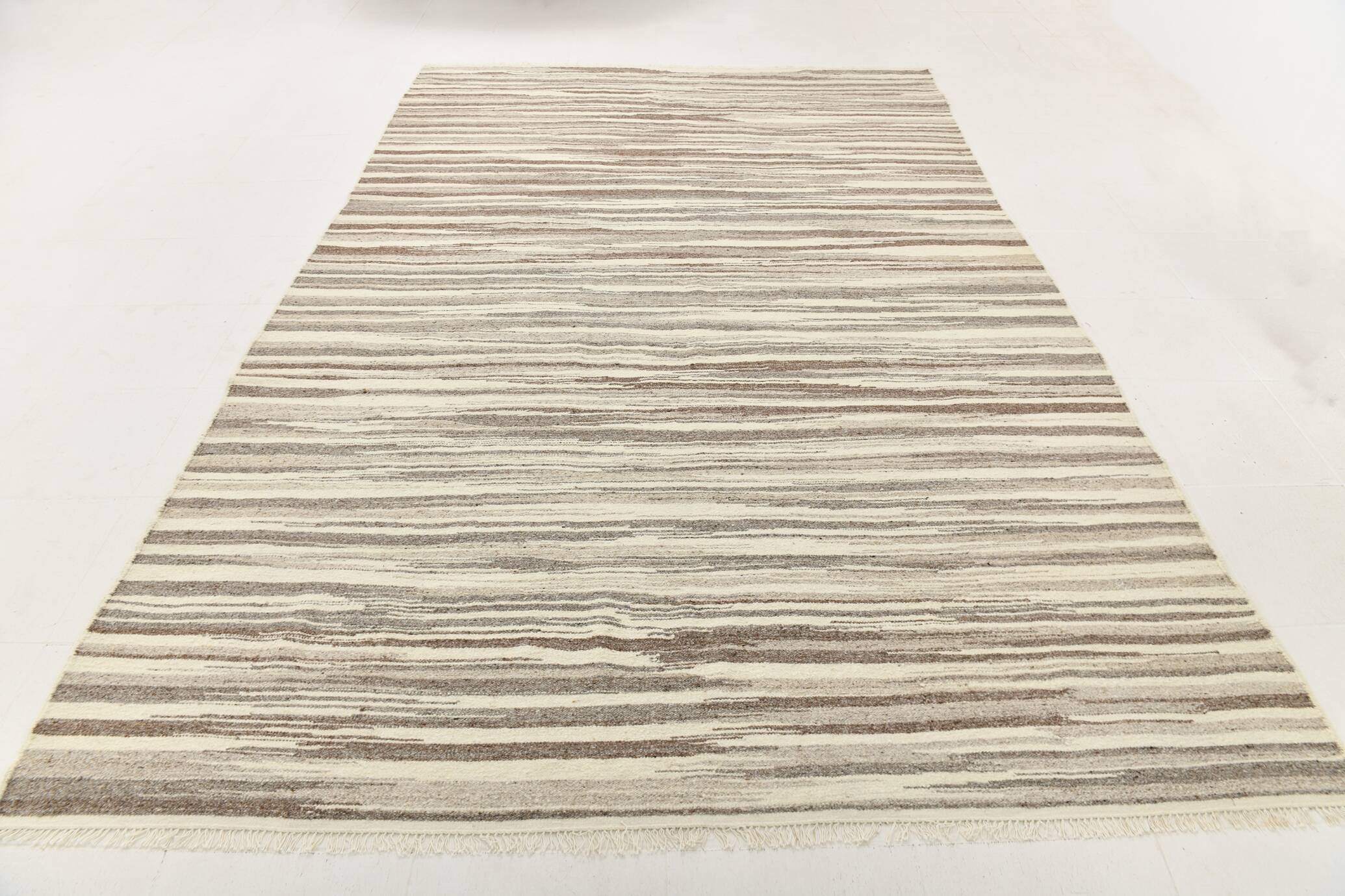 8x11 Brown Beige Minimalist Handmade Wool Kilim Rug, 226x350Cm