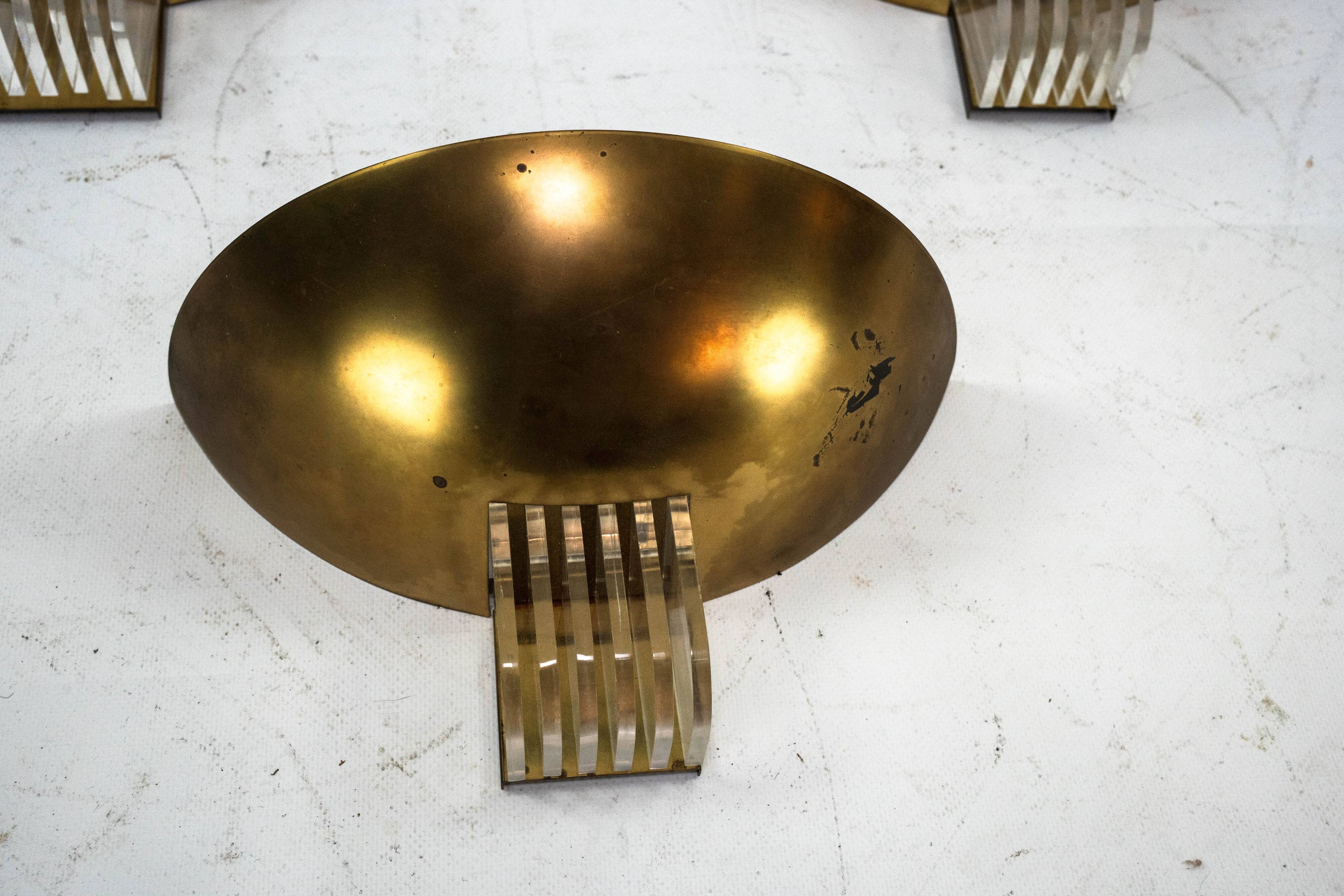 Set of three Italian Deco-style brass wall sconces, Italy 1970s
