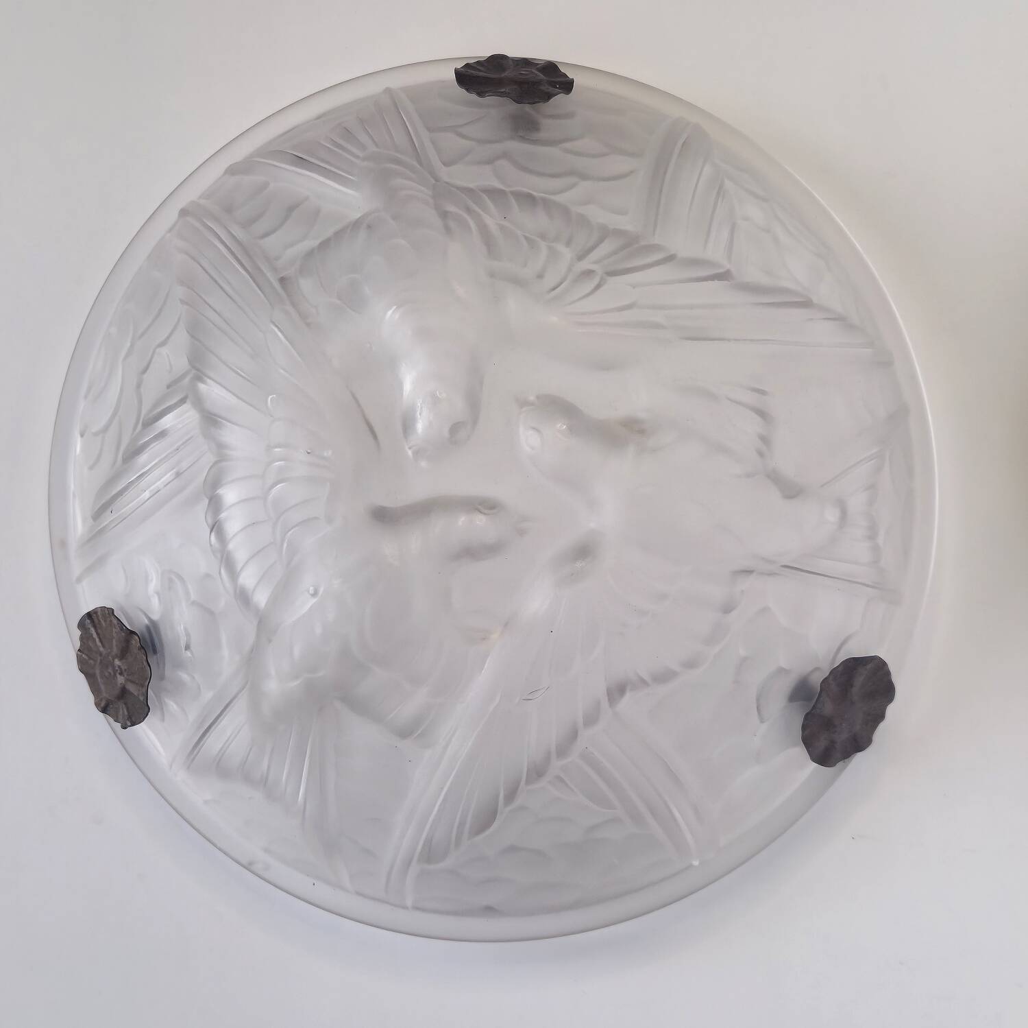 Art Deco suspension in moulded glass by Noverdy with a frosted effect.