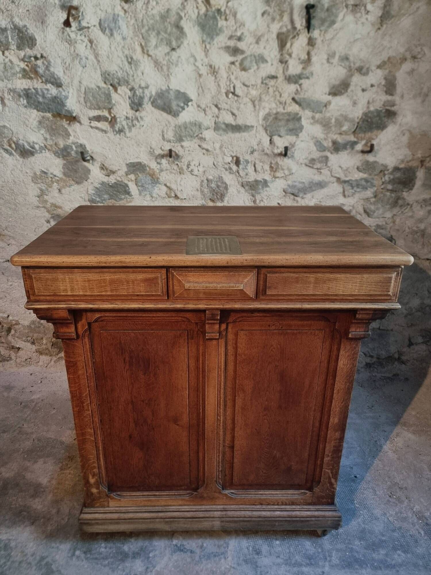 Antique French oak shop counter, kitchen island on wheels, circa 1880–1900.