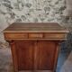 Antique French oak shop counter, kitchen island on wheels, circa 1880–1900.