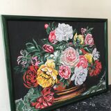 Tableau bouquet de fleurs sur fond noir et cadre vert