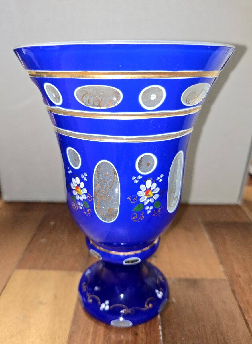Large blue enamelled glass chalice (Bohemian glass 20th century)