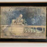 Aquarelle ancienne française signée, vue de jardin et sculpture, d'époque 19eme