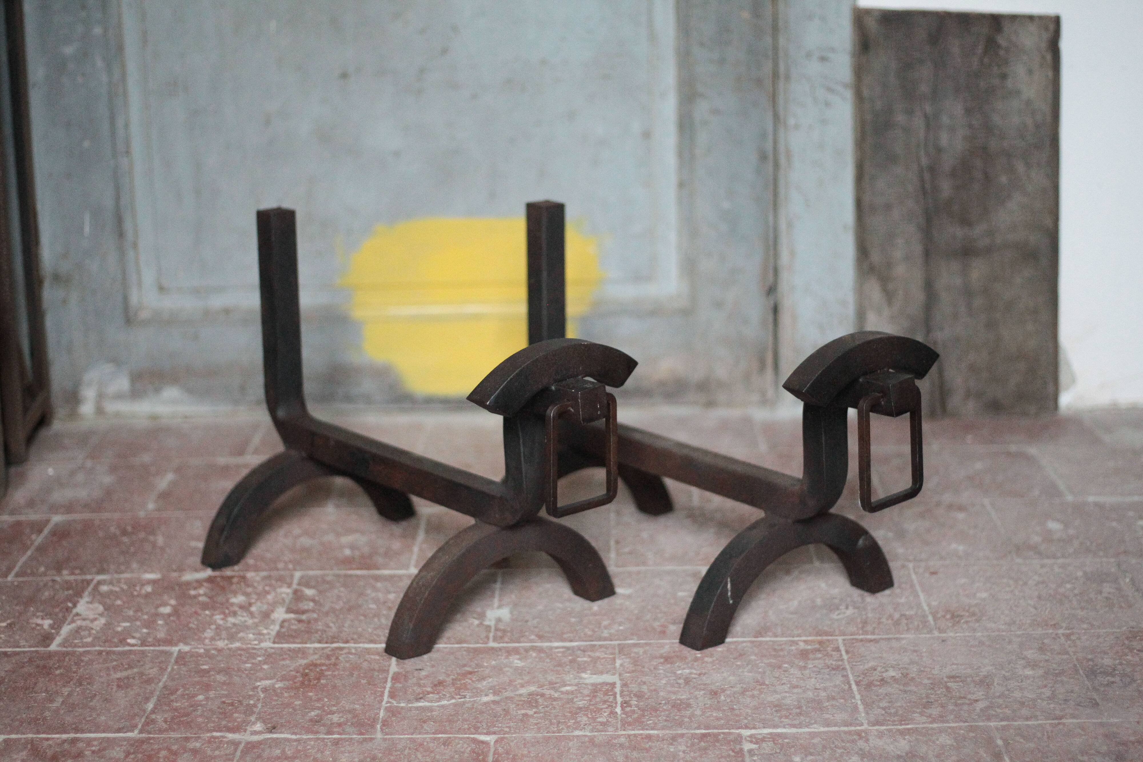 Vintage chenets, pair of brutalist dog-shaped chenets, fireplace accessory.