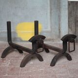 Vintage chenets, pair of brutalist dog-shaped chenets, fireplace accessory.