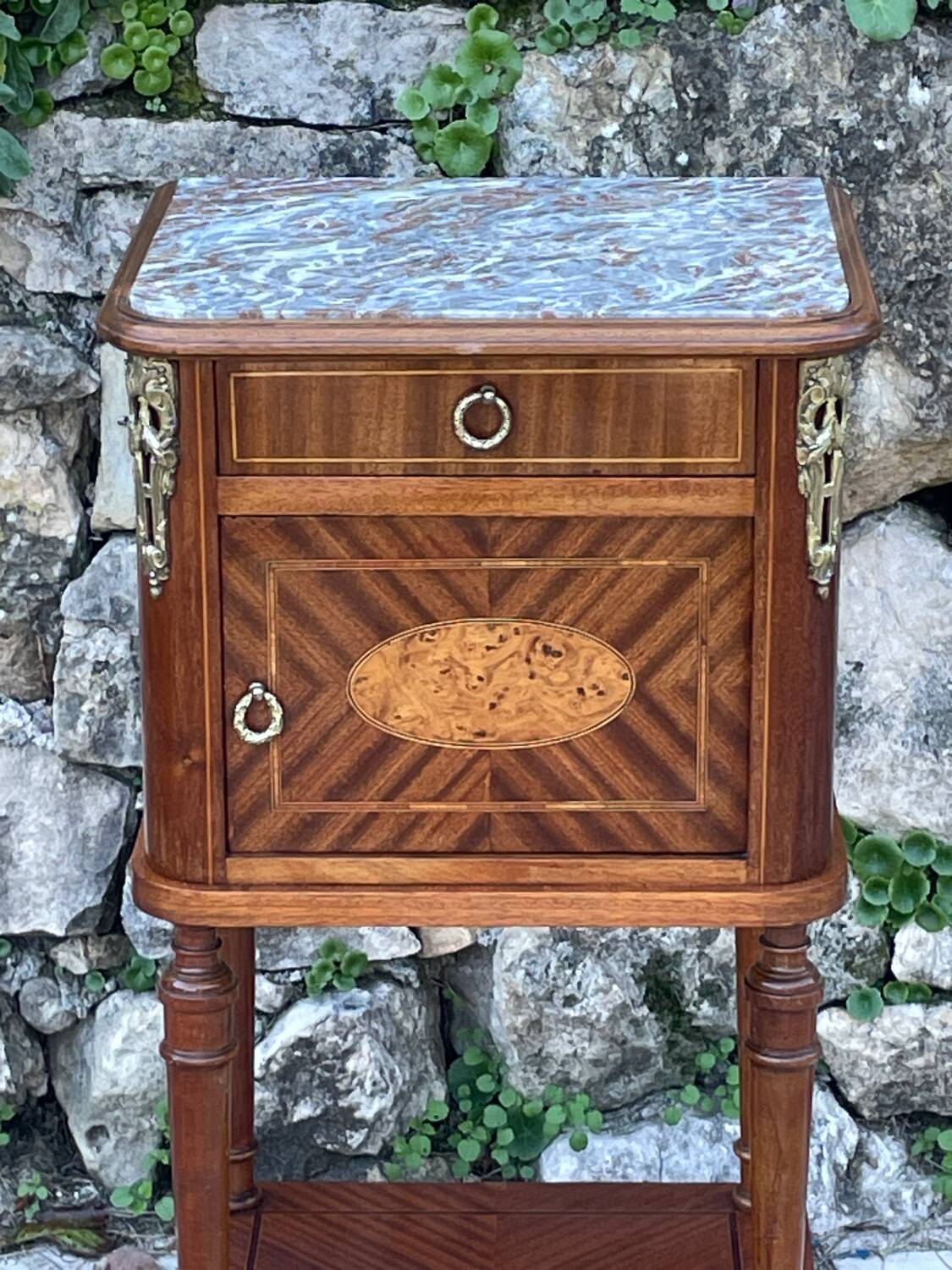 Bedside table in wood marquetry from the 19th century