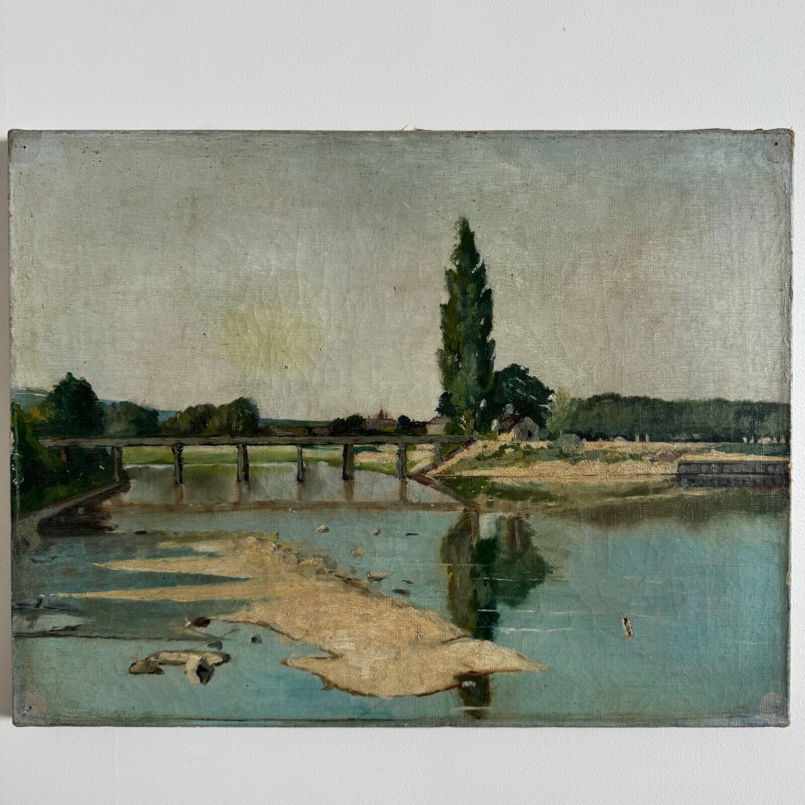 Oil on canvas depicting a river with a bridge, early 20th century