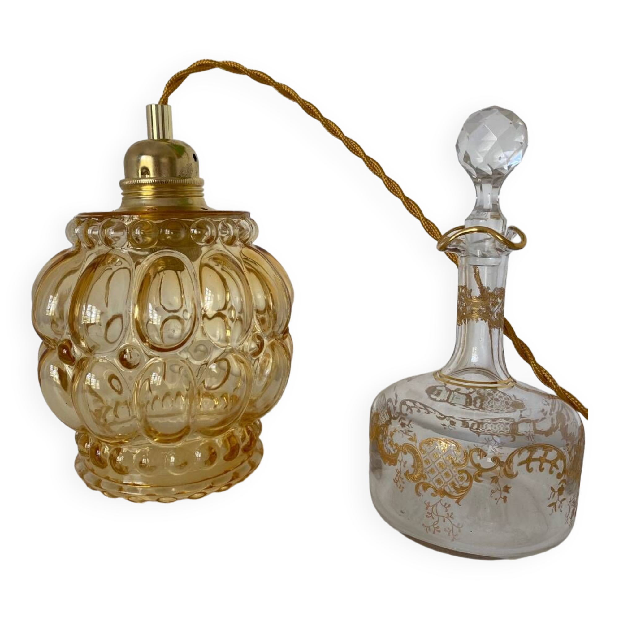 Walking lamp (or pendant light) with vintage amber glass globe