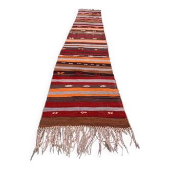 Ancien chemin de Kilim étroit turc 410x63 cm shabby chic, kelim vintage