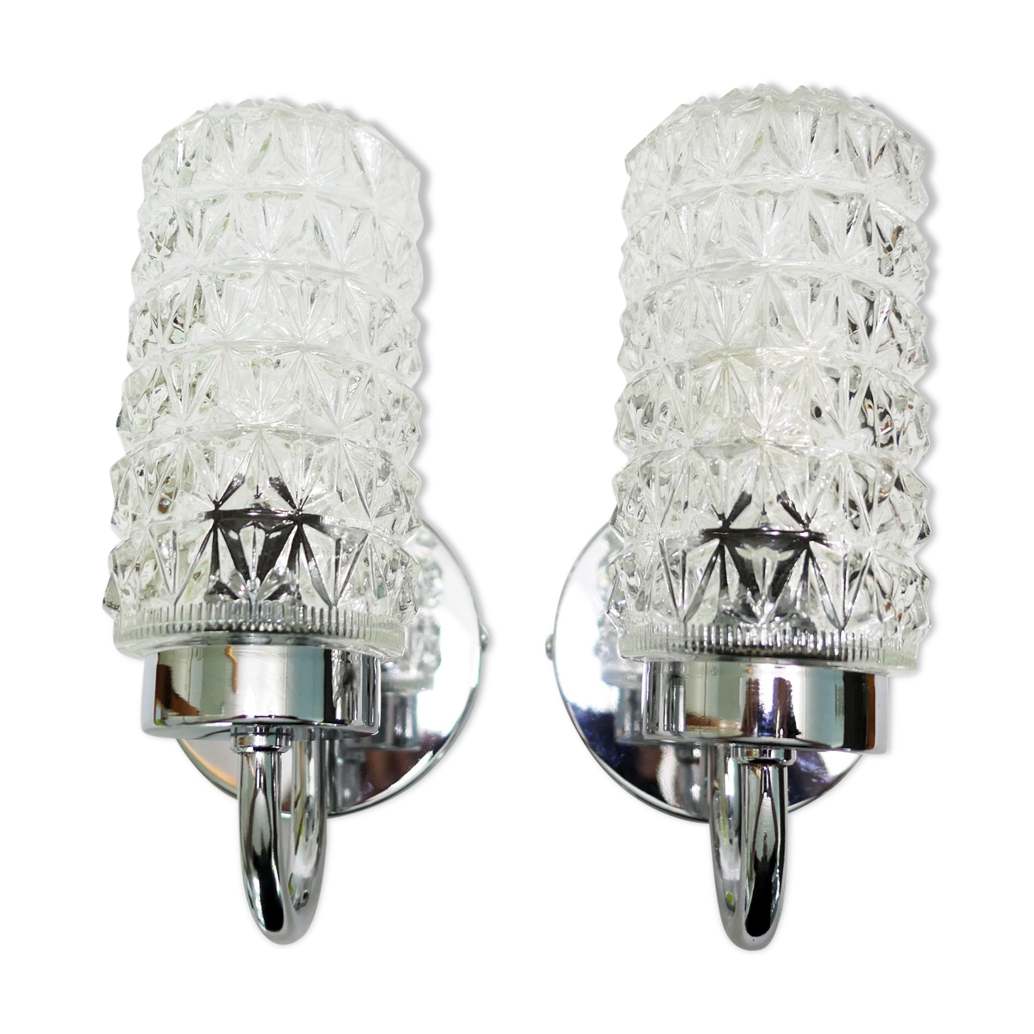 Pair of 1970 chrome metal wall light and molded glass globes.