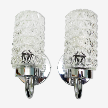 Pair of 1970 chrome metal wall light and molded glass globes.
