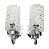 Pair of 1970 chrome metal wall light and molded glass globes.