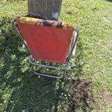 Chaise de camping pliable vintage en toile imprimé fleurs marron jaune 70