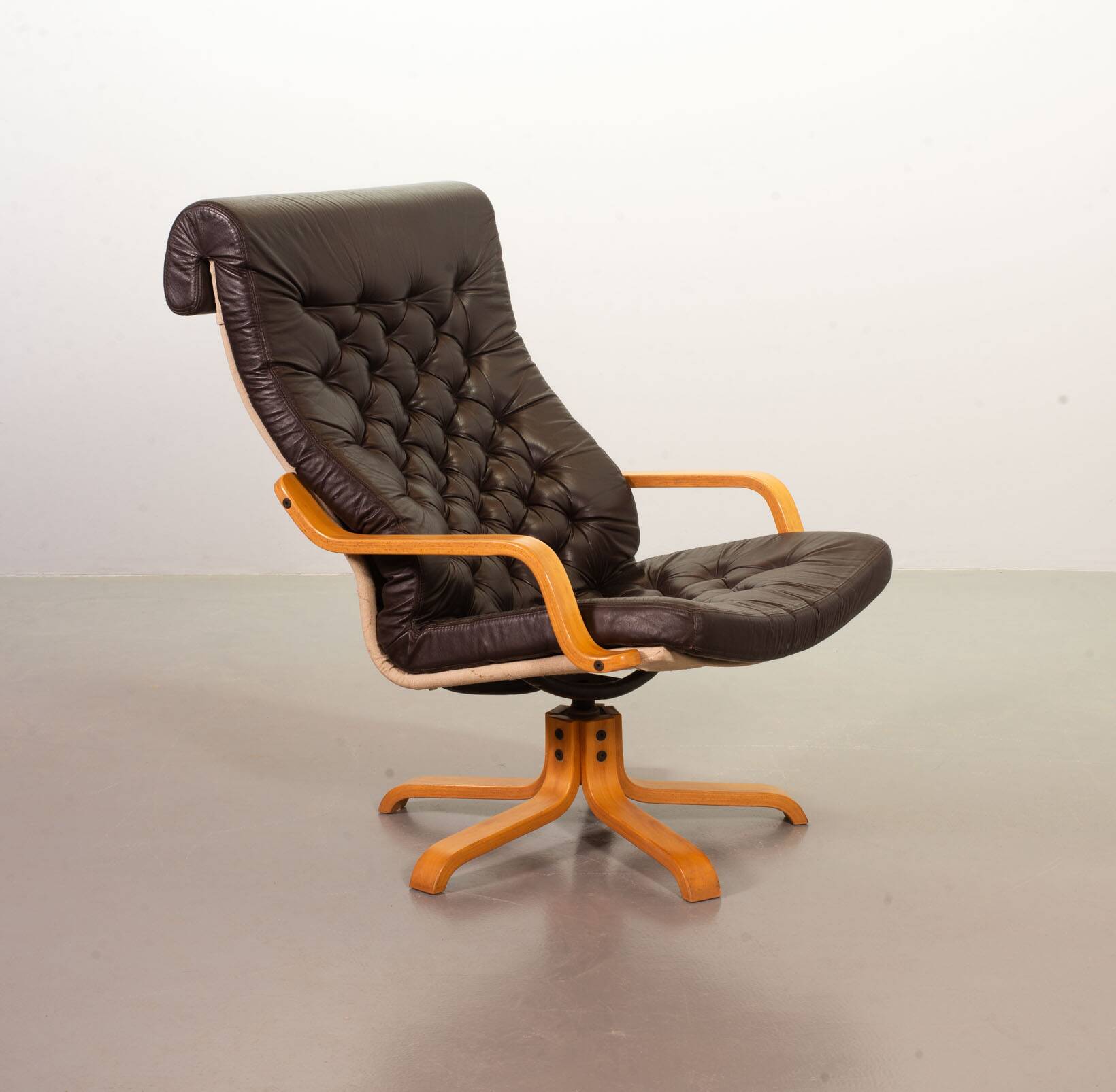 Noboru Nakamura Design Chocolate Brown Padded Leatherette Swivel Chairs 70s