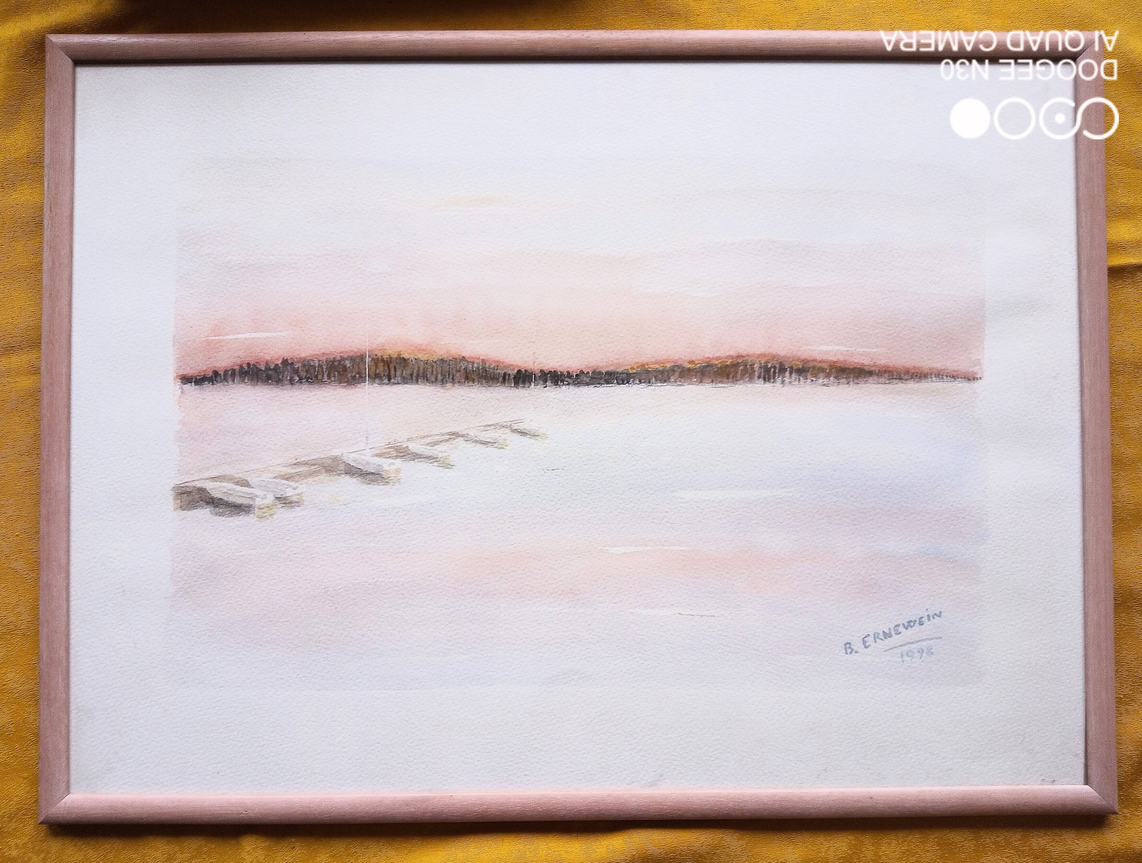 Watercolor on paper - sunset on a beach with boats, framed, signed B. Ernewein