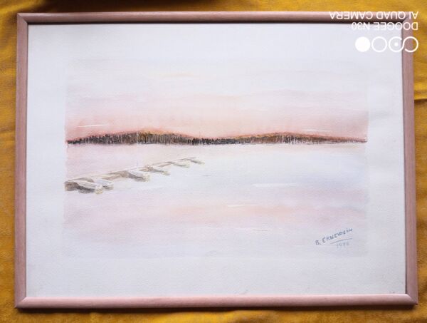 Aquarelle sur papier - couché de soleil sur une plage avec barques, encadrée, signée B. Ernewein