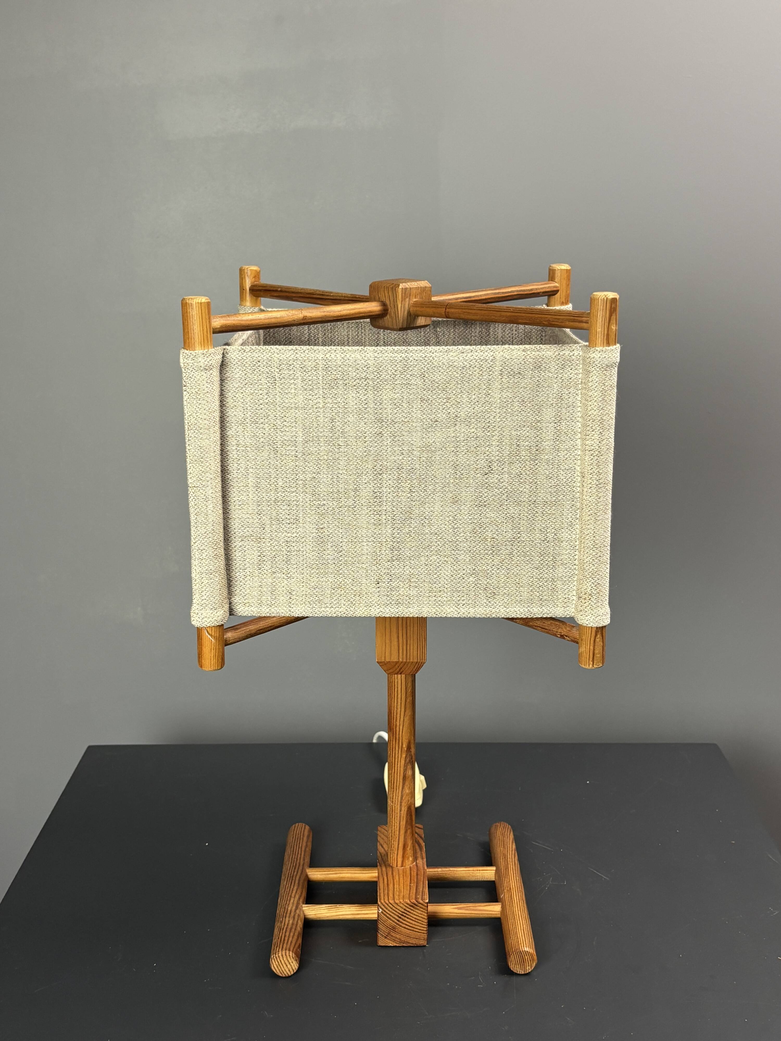 Midcentury Scandinavian pine table lamp with square fabric shade, 1970s