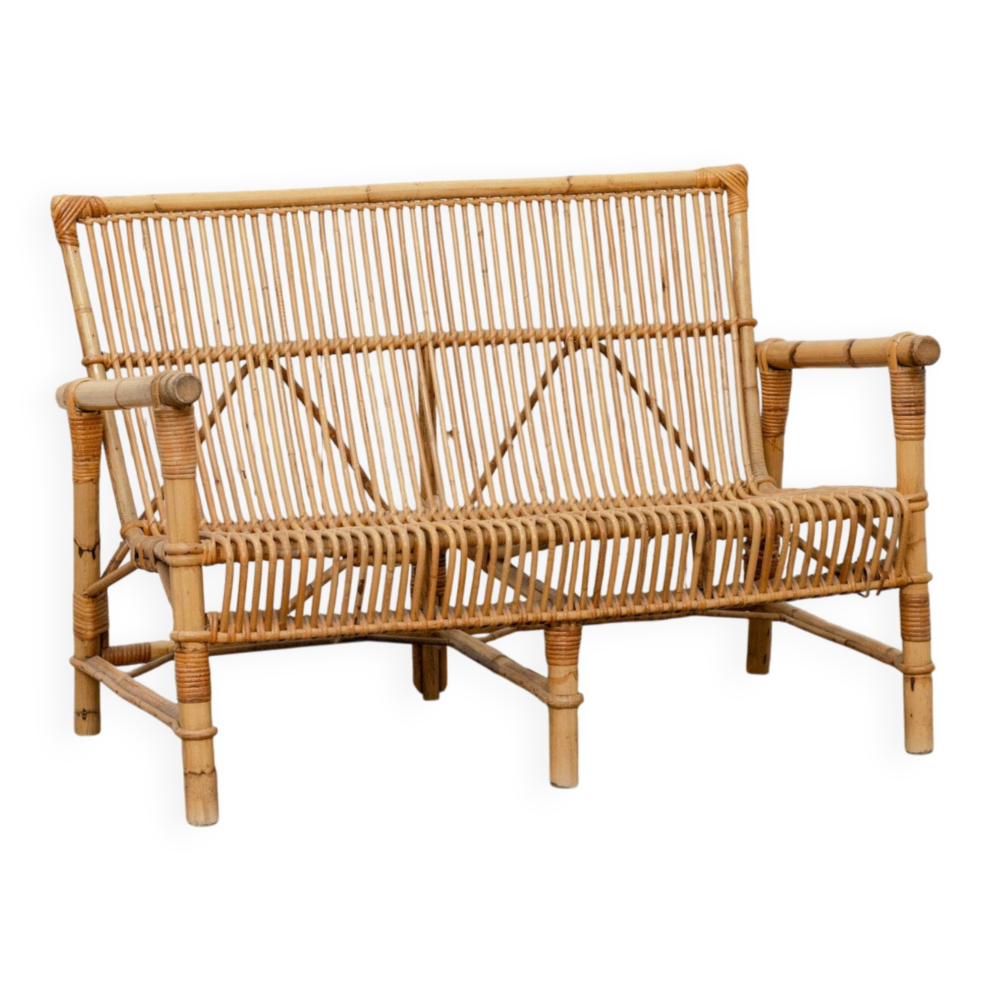 Vintage bamboo and rattan bench from the 1970s.