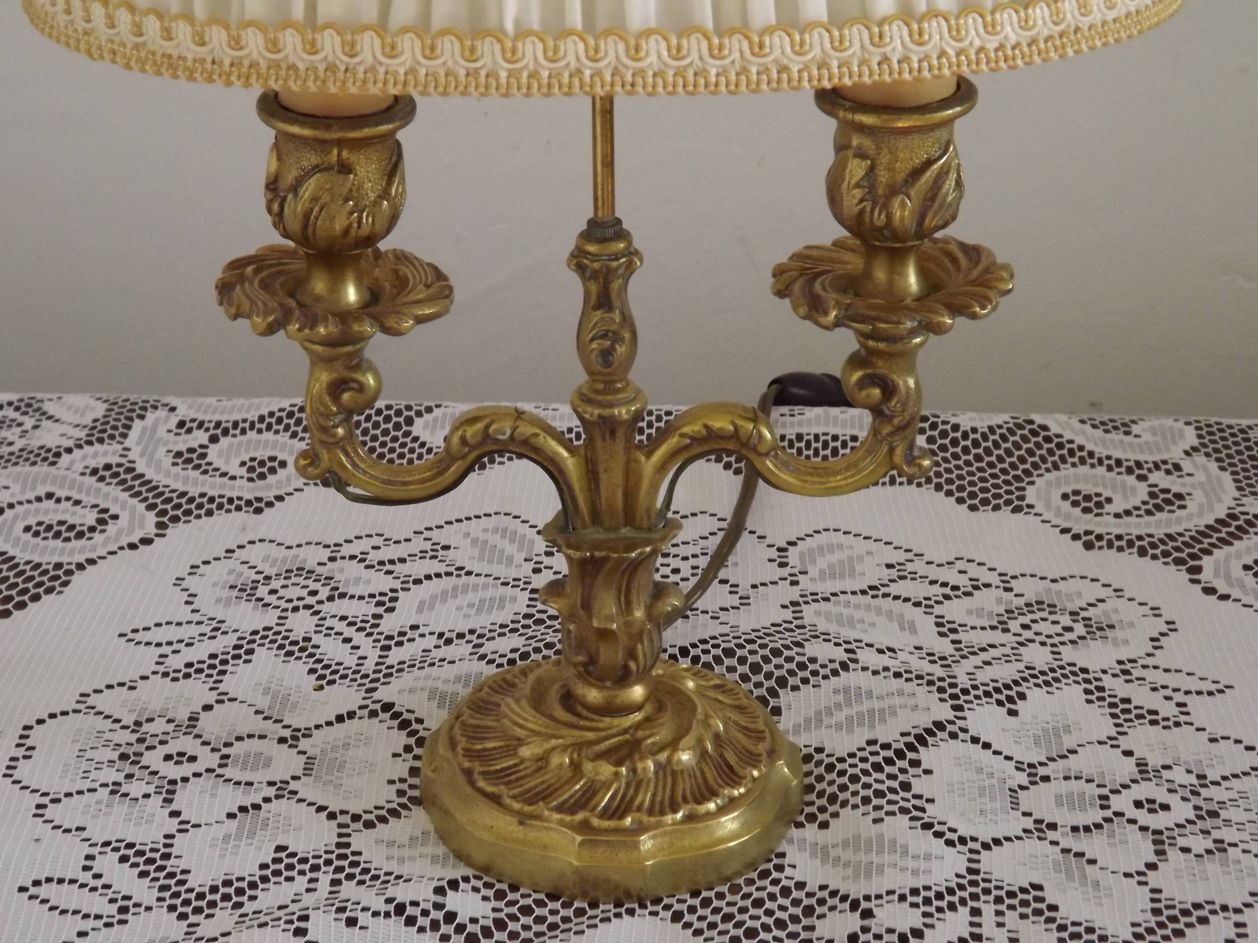 French Antique 2 Light Bronze Boulotte Table Lamp With Cream Pleated Shade
