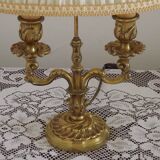 French Antique 2 Light Bronze Boulotte Table Lamp With Cream Pleated Shade