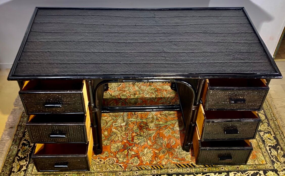 Desk and office chair in bamboo and black lacquered rattan, 60s, 70s