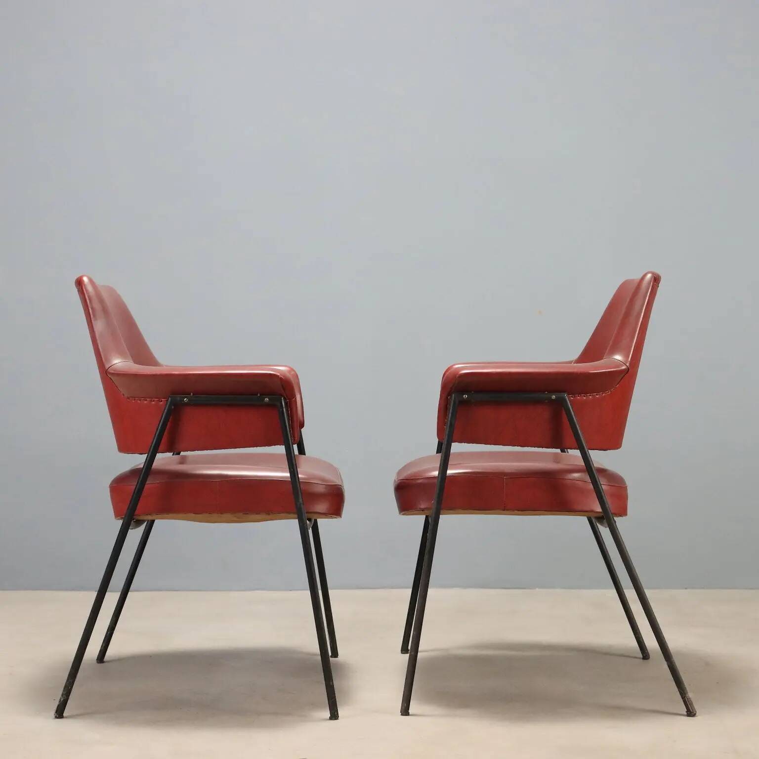 Pair of vintage metal and faux leather armchairs, Italian design, 1960s