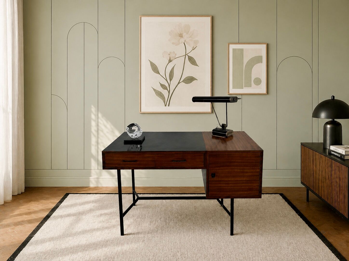 French modernist desk from the 1950s with 2 drawers, 1 cabinet, and 1 container.