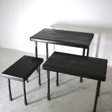 Brutalist nesting table in ebonized oak and wrought iron