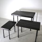 Brutalist nesting table in ebonized oak and wrought iron