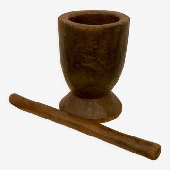 Ancient African solid wood mortar with pestle