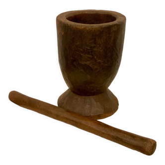 Ancient African solid wood mortar with pestle