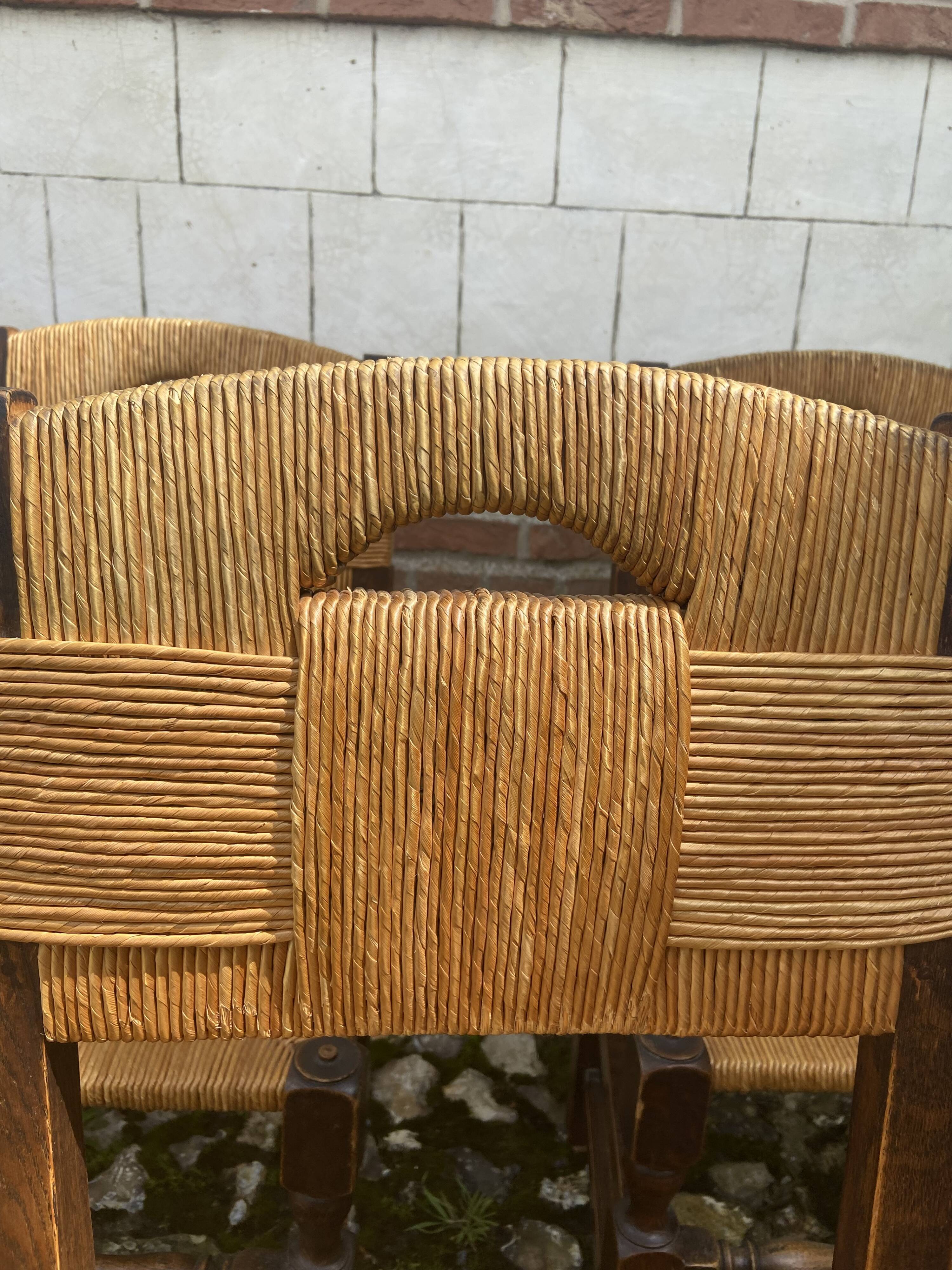 Six brutalist chairs straws and wood 60s