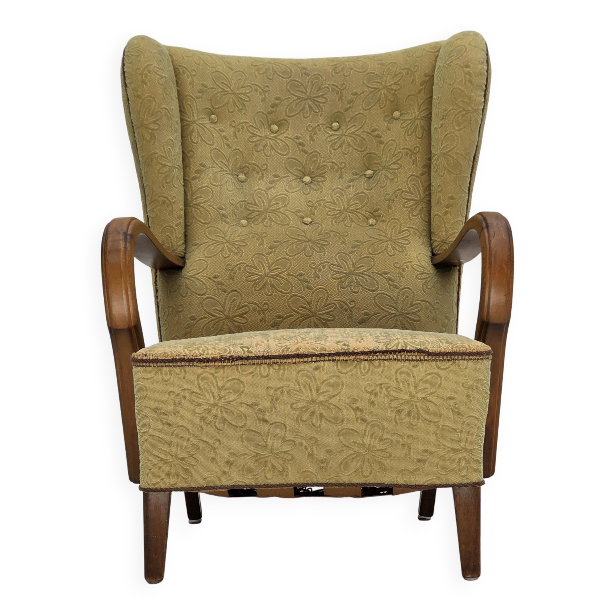1960s, Danish armchair, light green furniture velour, beech wood.