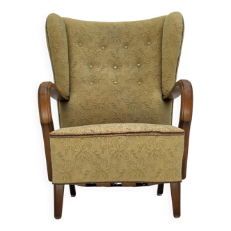 1960s, Danish armchair, light green furniture velour, beech wood.