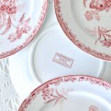Assiettes plates XIXe Sarreguemines Fontanges terre de fer rose