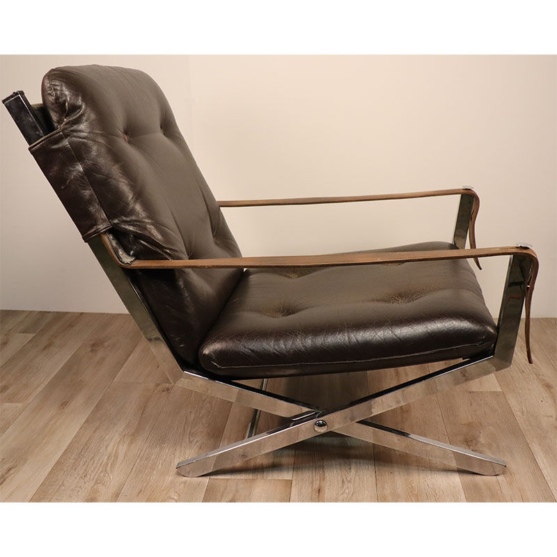 Pair of leather and chrome metal armchairs 1970