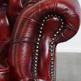 Set of a Red Cowhide Leather Chesterfield Club Chair and Side Table