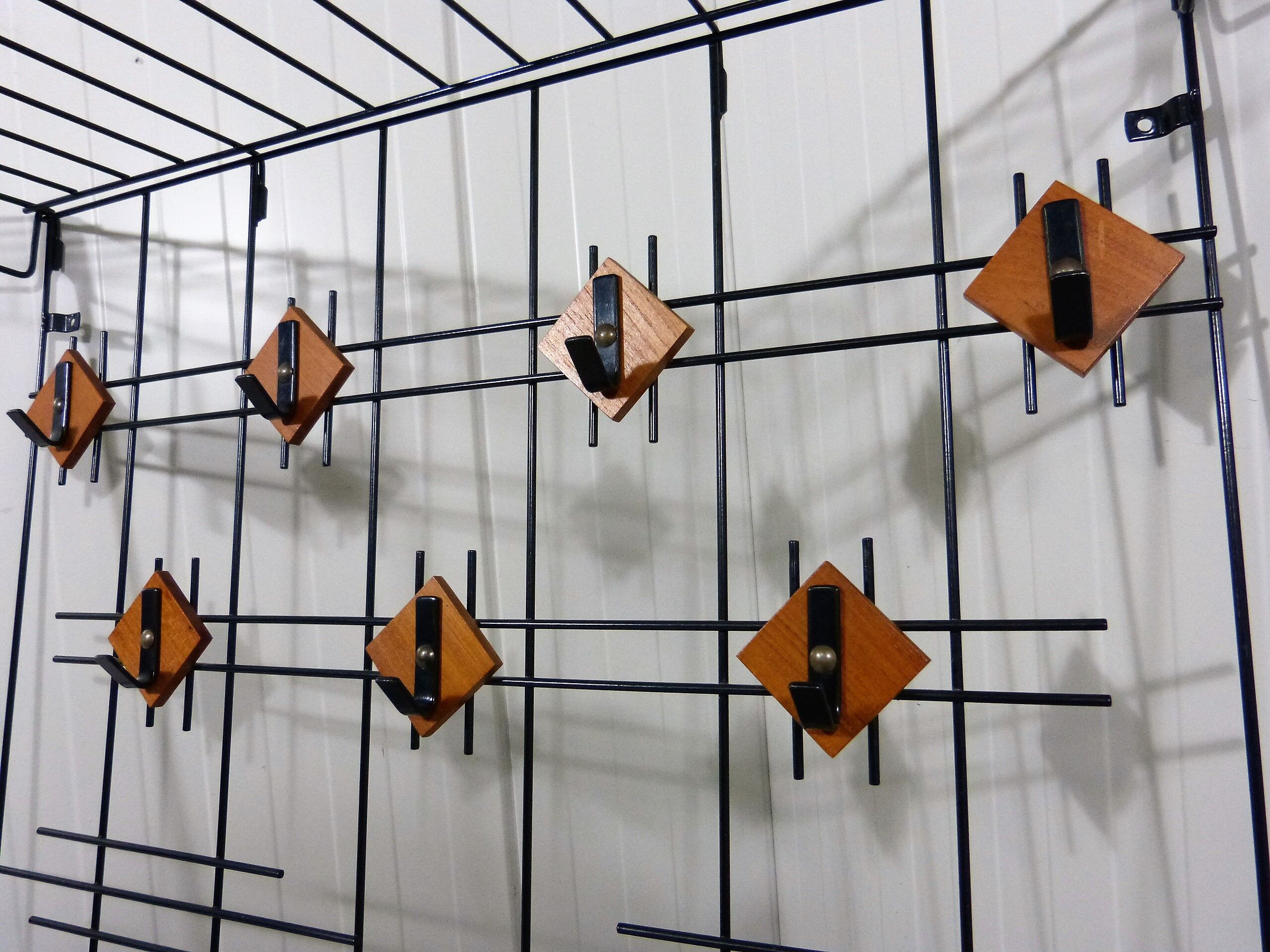 Black wire steel & wooden wall coat rack with hat shelf 1960's
