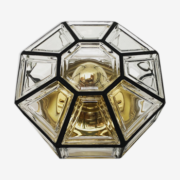 Brass and crystal glass flush light by Glashütte Limburg