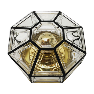 Brass and crystal glass flush light by Glashütte Limburg