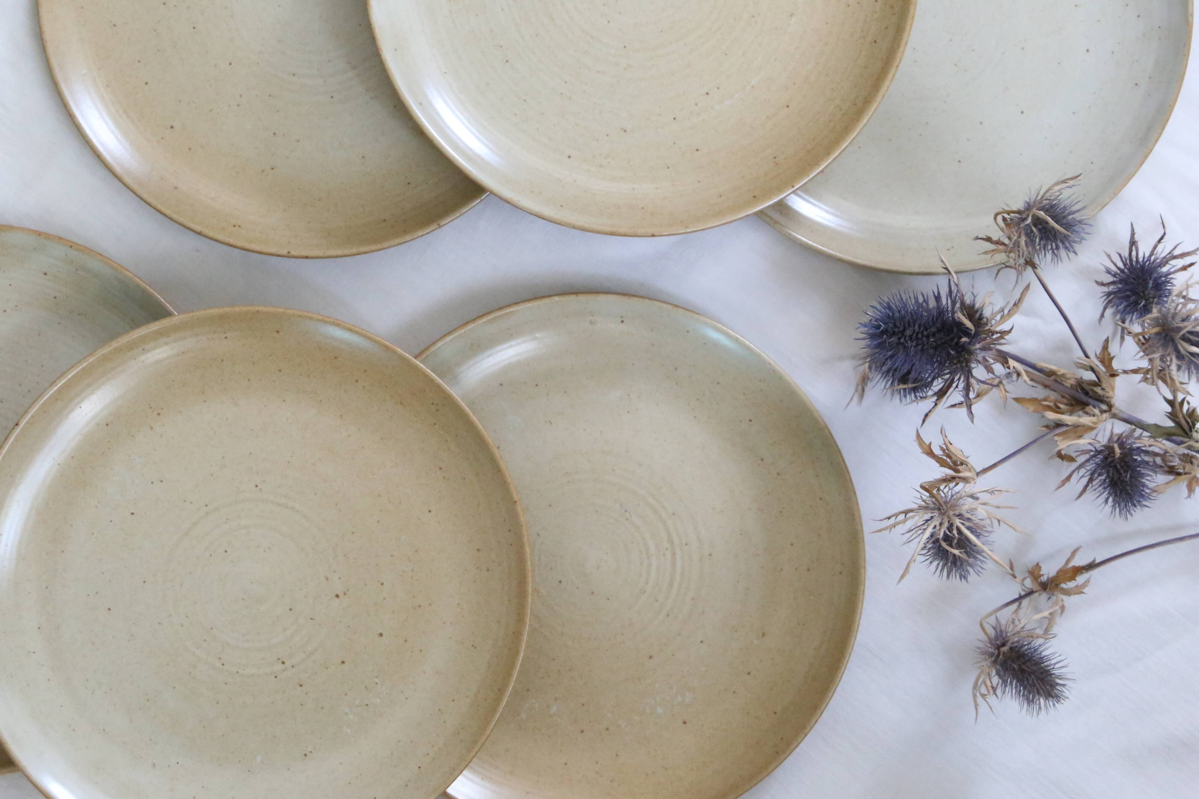 Set of 6 flat plates in sandstone, Sandstone village, vintage French