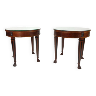 Pair of empire-style pedestal tables in mahogany veneer and glass top